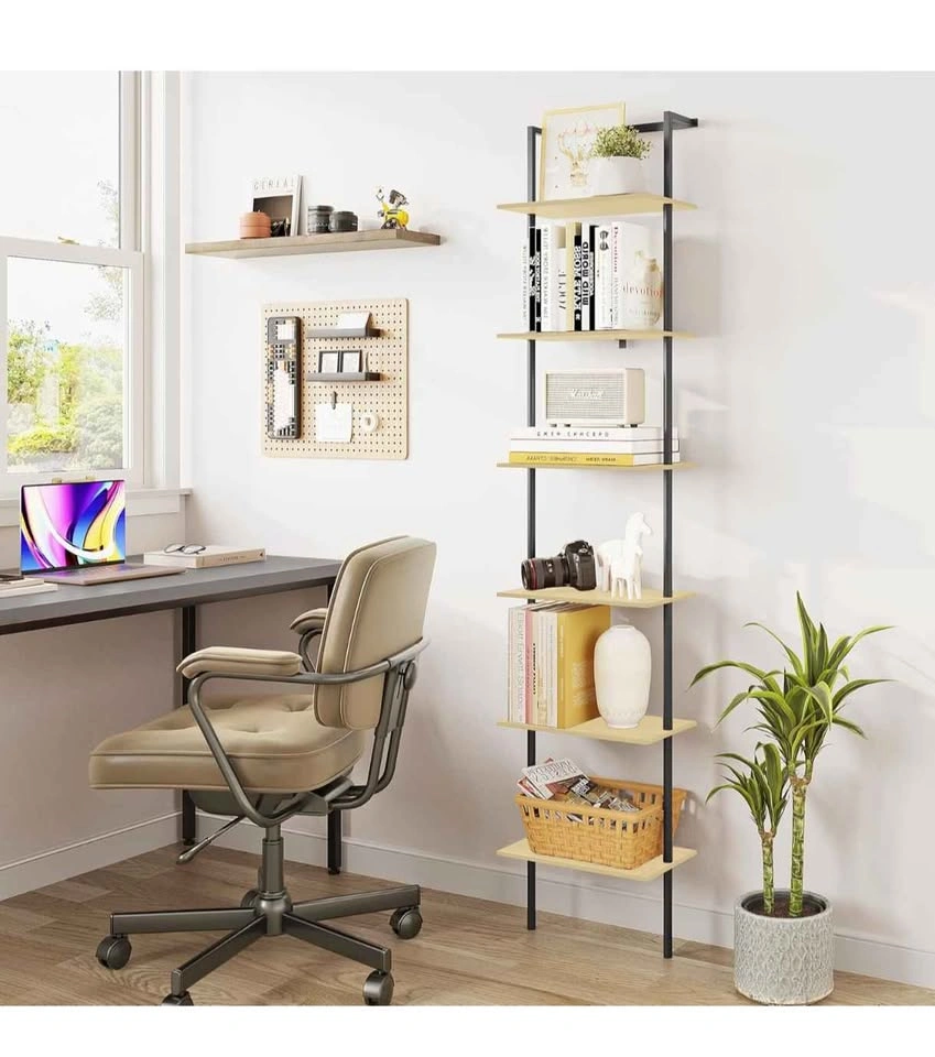 6-Tier 77" Wall Mounted Ladder Bookshelf - Light Oak - photo 3