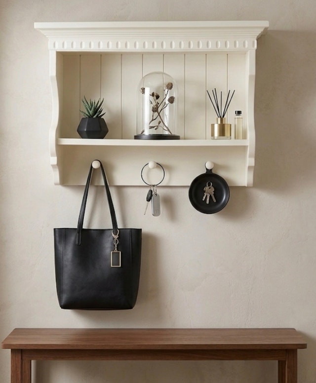 White Wall-Mounted Shelf with 3 Hooks – Farmhouse Style - photo 5