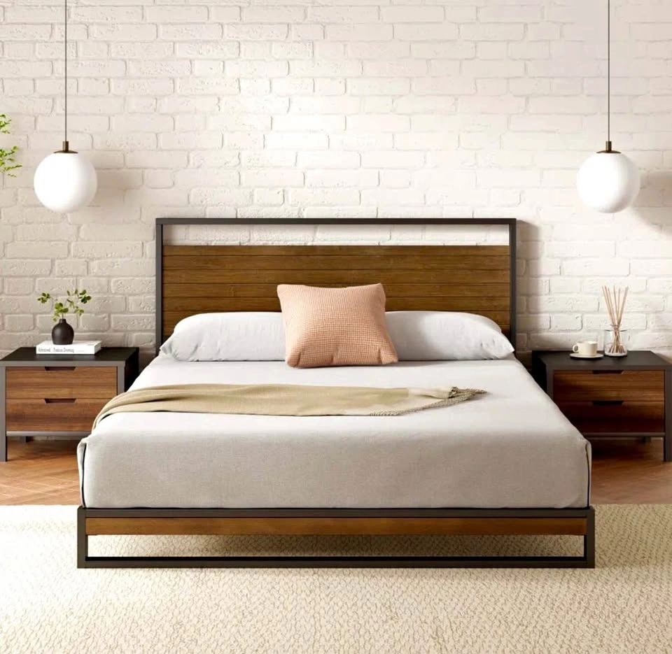 Mid-Century Modern Queen Platform Bed – Wood & Metal Frame