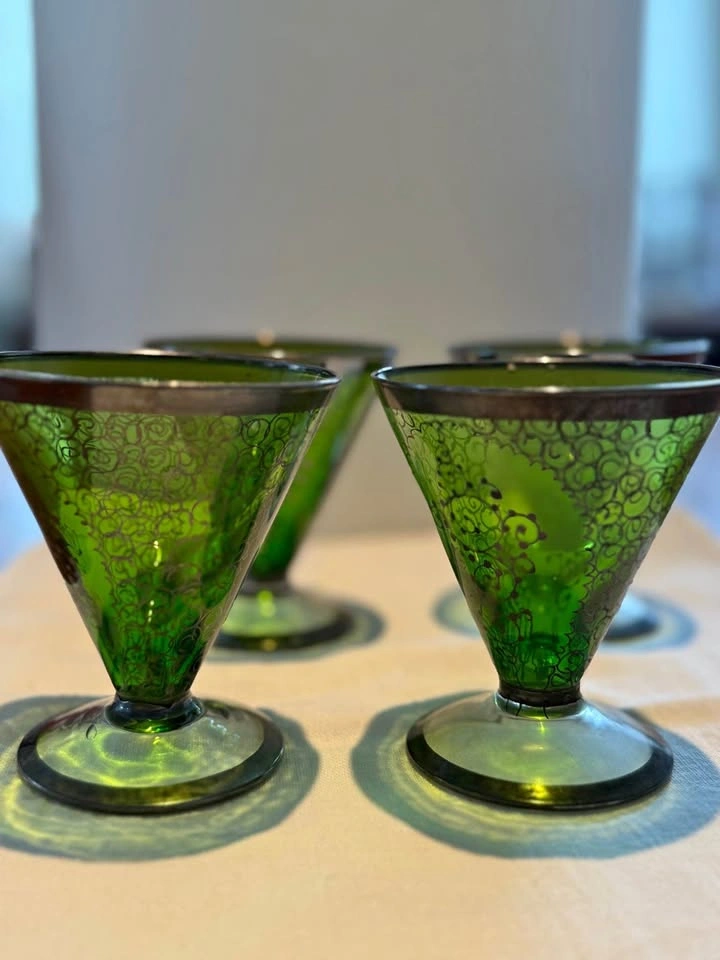 Vintage 1930s Green Cocktail Glasses w/ Silver Filigree S/4