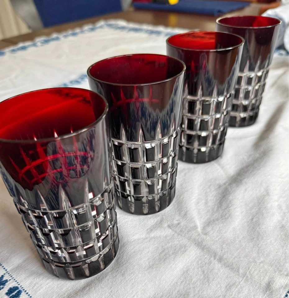 Set of 4 Vintage Ruby Cut to Clear Crystal Glasses