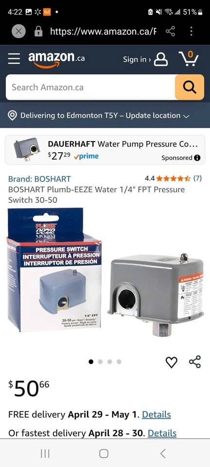 Boshart Plumb-EEZE Water Pump Pressure Switch 1/4" FPT 30-50 PSI - photo 2