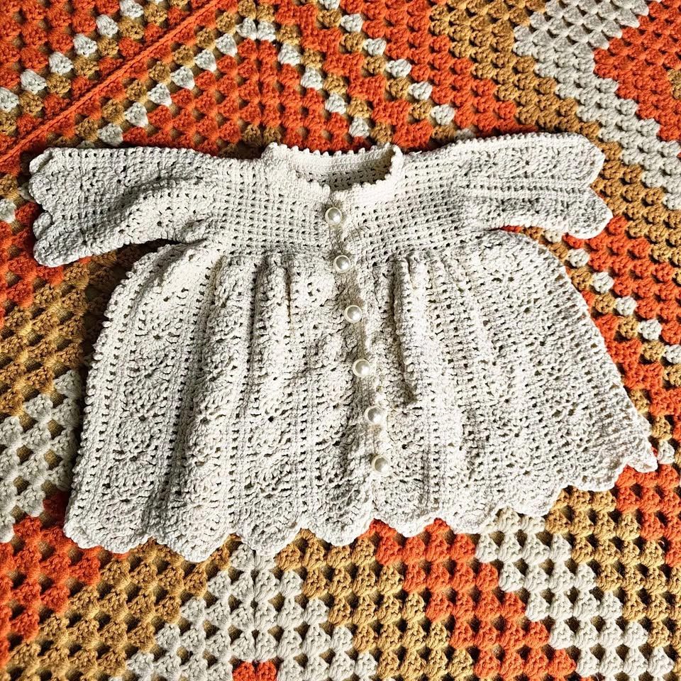 Vintage Crochet Baby Dress Handmade Heirloom Cottagecore Ivory