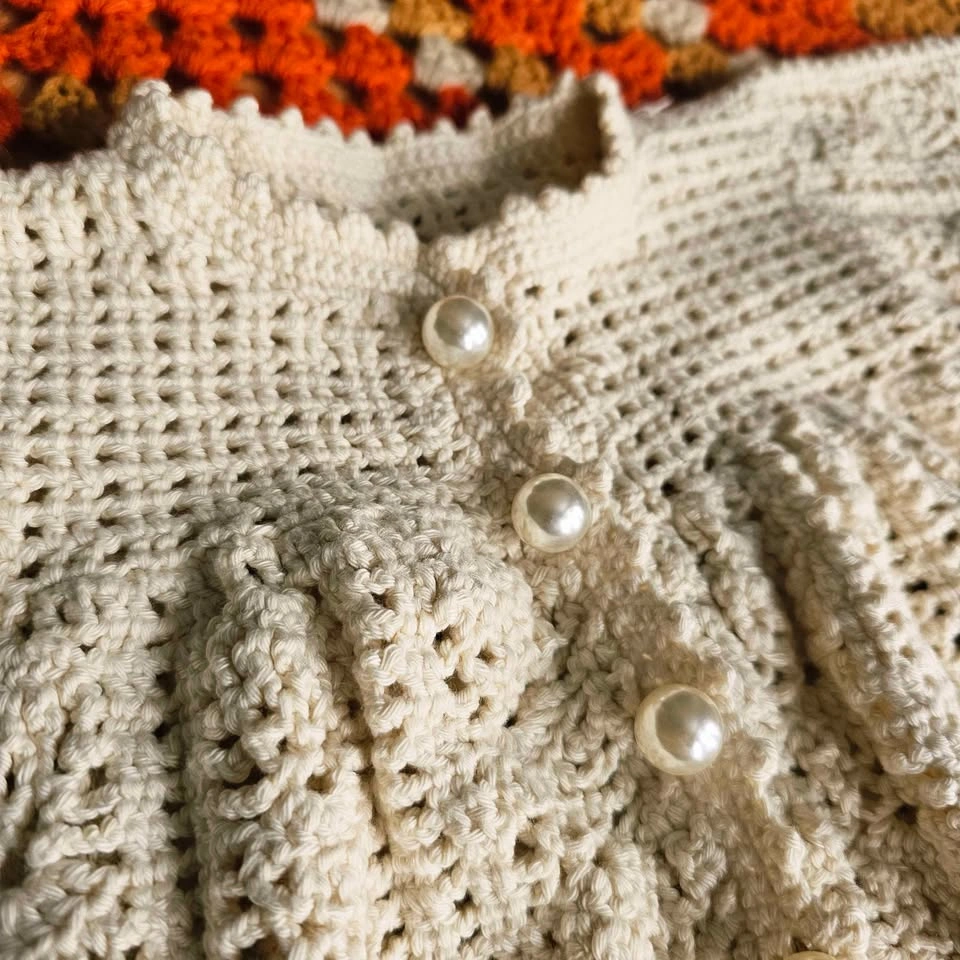 Vintage Crochet Baby Dress Handmade Heirloom Cottagecore Ivory - photo 2