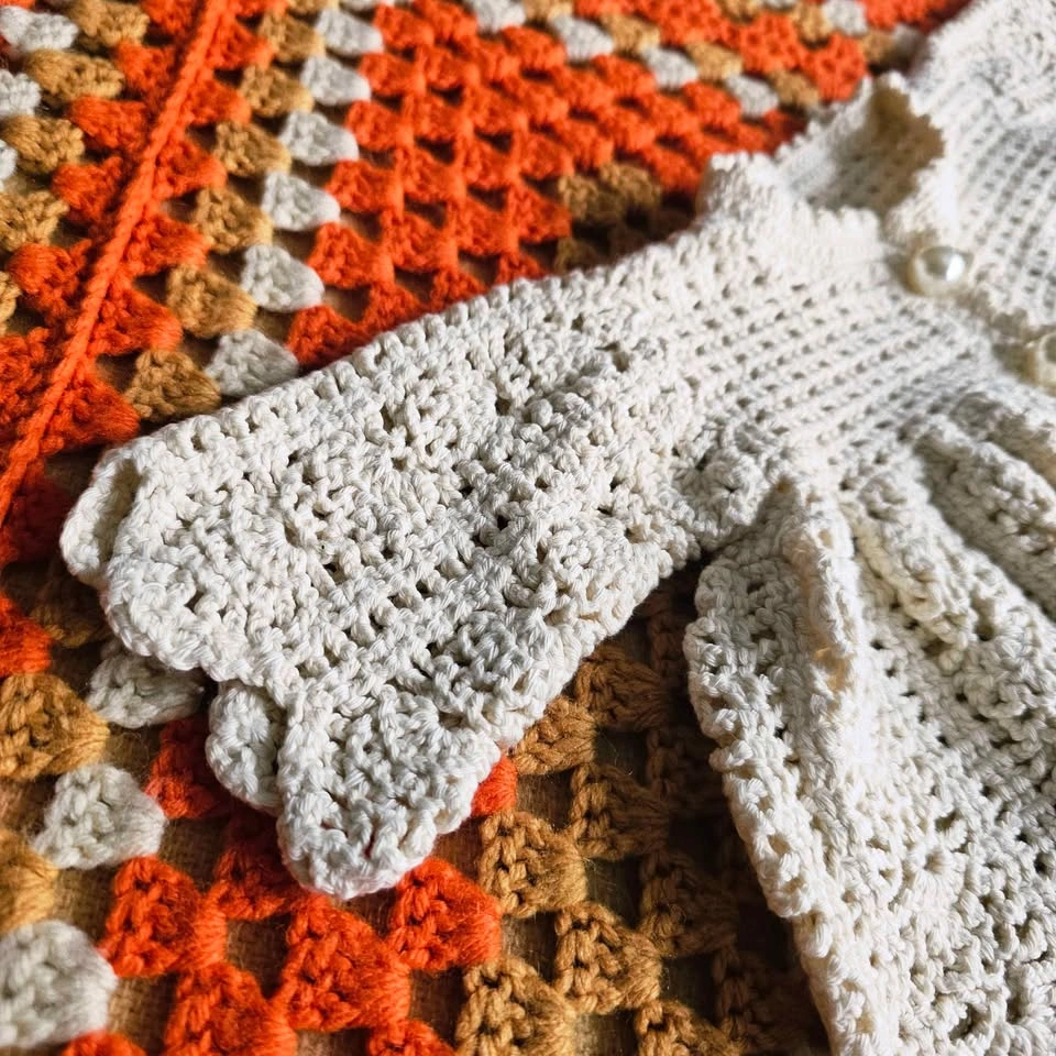 Vintage Crochet Baby Dress Handmade Heirloom Cottagecore Ivory - photo 4