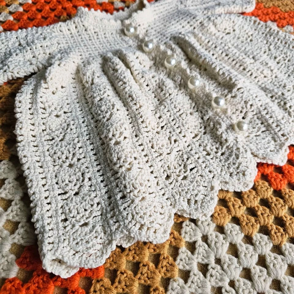 Vintage Crochet Baby Dress Handmade Heirloom Cottagecore Ivory - photo 5