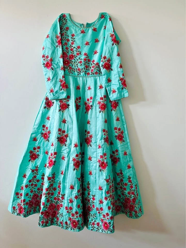 Turquoise Floral Embroidered Long Dress – Size 34