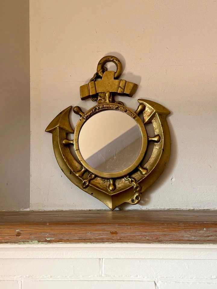 Vintage Brass Nautical Anchor Mirror – “Pour l’amour de moi”