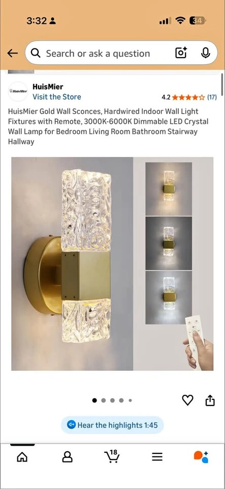 Gold Wall Sconces, Hardwired LED Crystal Lamps