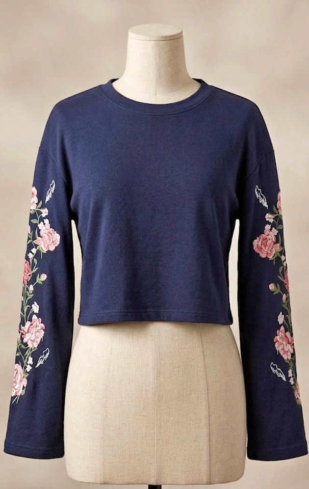 Navy Blue Cropped Sweatshirt with Floral Embroidery