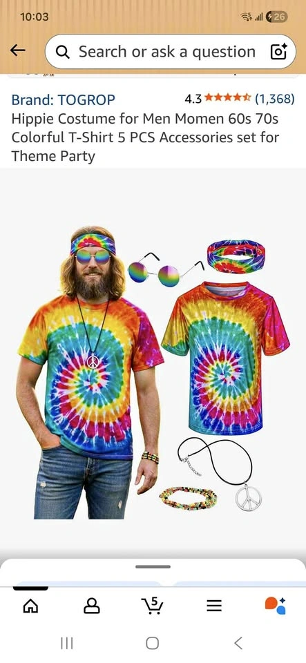 TOGROP Hippie Costume for Men or Woman 5 PCS Accessories Set Sma