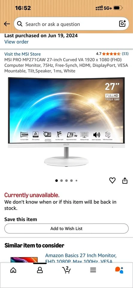 27" MSI PRO Curved Monitor (White) - MP271CAW, 1080p, 75Hz