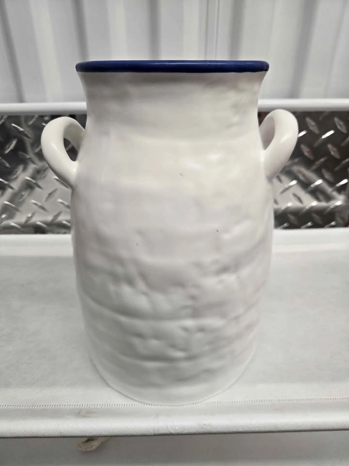 White Ceramic Vase with Handles and Blue Rim