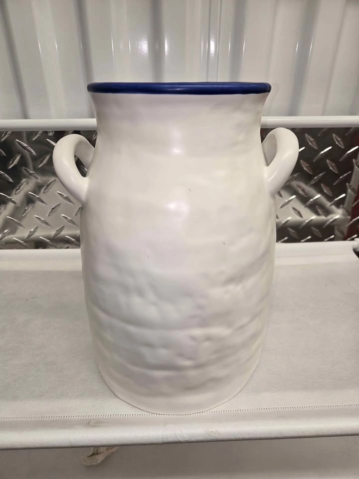 White Ceramic Vase with Handles and Blue Rim - photo 2