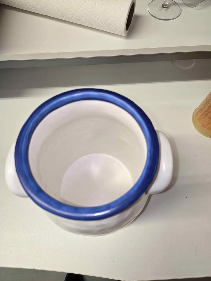 White Ceramic Vase with Handles and Blue Rim - photo 3