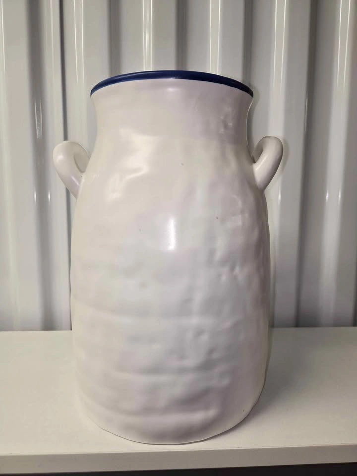White Ceramic Vase with Handles and Blue Rim - photo 4