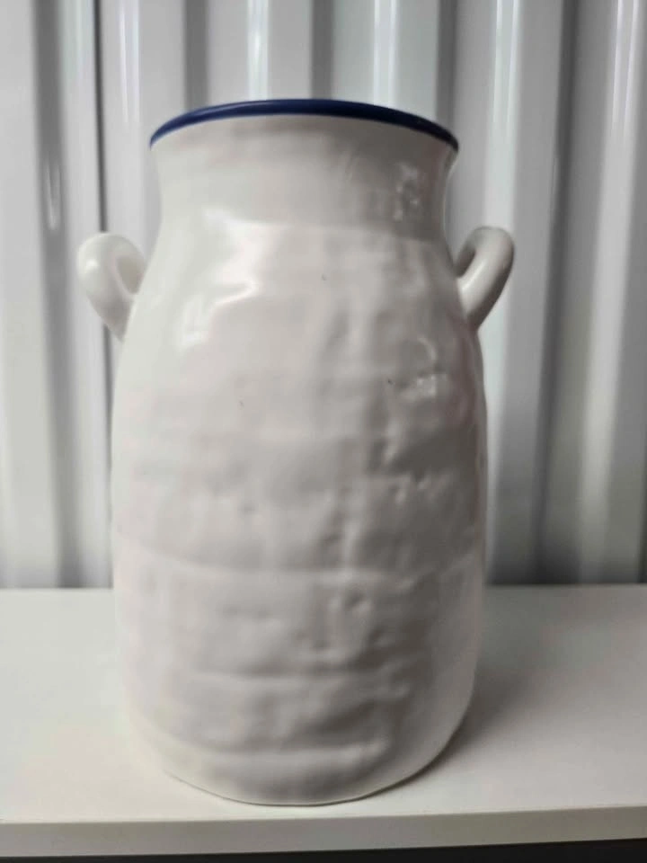 White Ceramic Vase with Handles and Blue Rim - photo 5