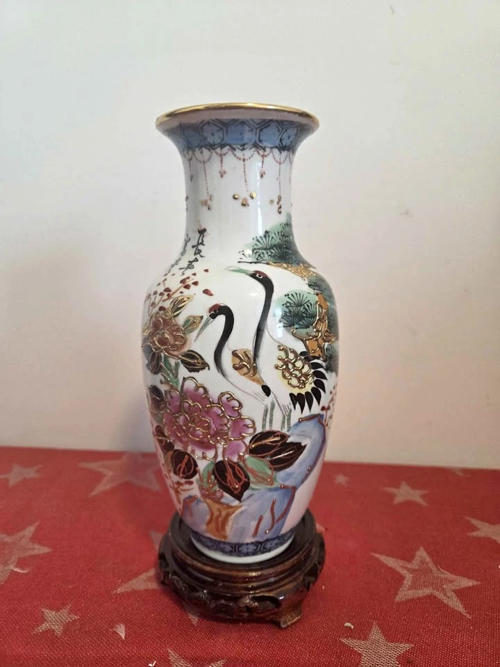 Vintage Chinese Vase with Cranes and Peony Motifs