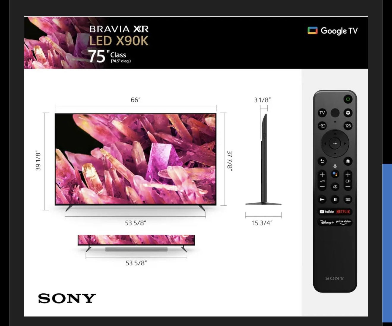 Sony 75" Bravia XR X90K 4K HDR Full Array LED Smart Google TV