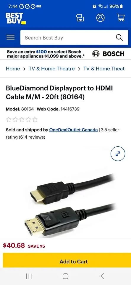 20 ft (6m) HDMI to Display port cable