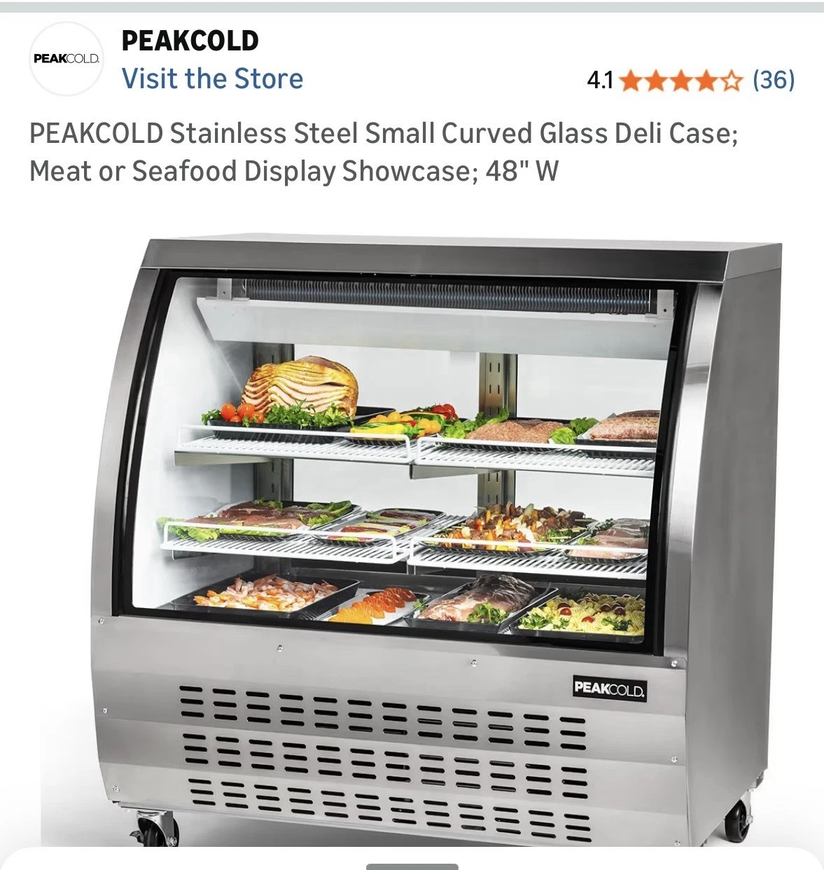 PEAKCOLD Stainless Steel Curved Glass Deli Case, Floor Model, 3