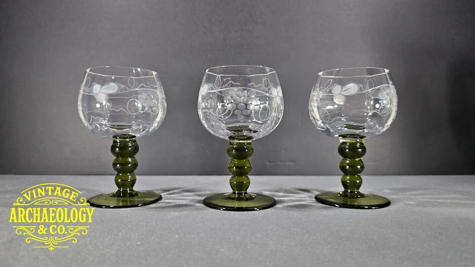 Set of 3 Vintage Etched Wine Goblets w/ Olive Green Stems