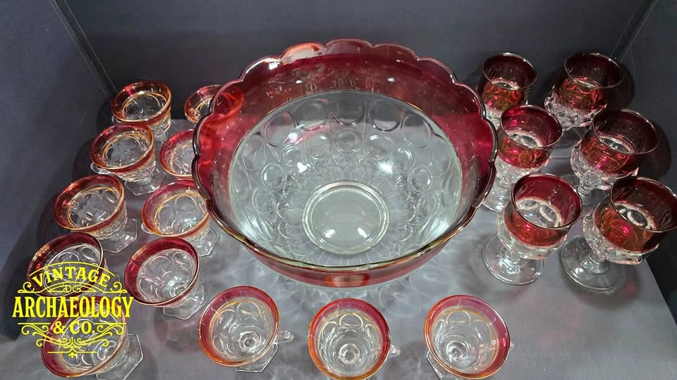 Vintage Ruby Red Thumbprint Punch Bowl Set with Cups & Goblets