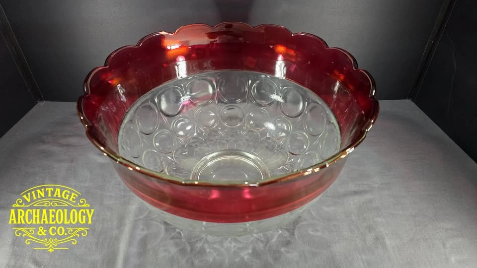 Vintage Ruby Red Thumbprint Punch Bowl Set with Cups & Goblets - photo 2