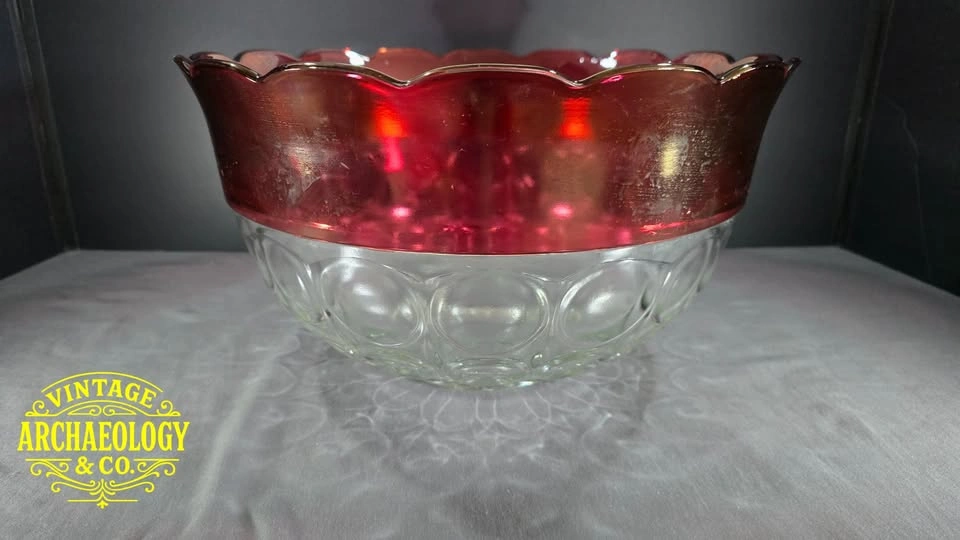 Vintage Ruby Red Thumbprint Punch Bowl Set with Cups & Goblets - photo 3