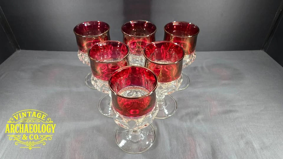 Vintage Ruby Red Thumbprint Punch Bowl Set with Cups & Goblets - photo 4