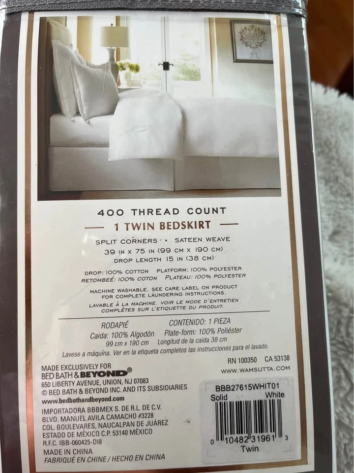 Wamsutta Twin White Bedskirt 400 Thread Count 15in Drop - photo 2