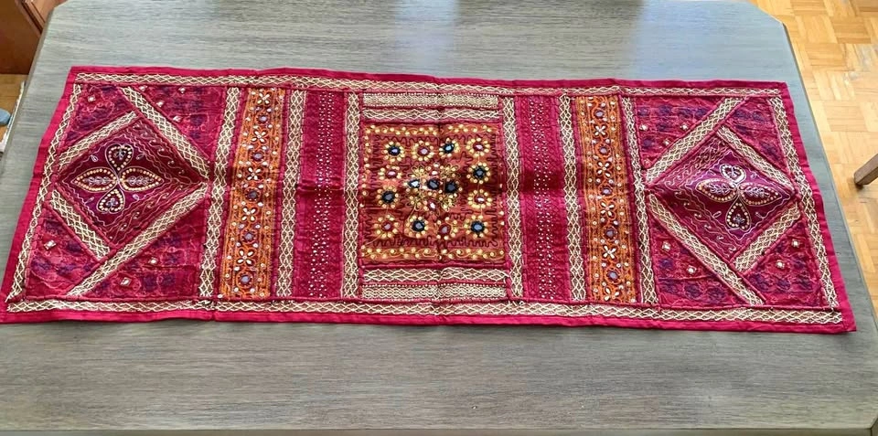 Handmade Indian Embroidered Table Runner – Burgundy / Gold
