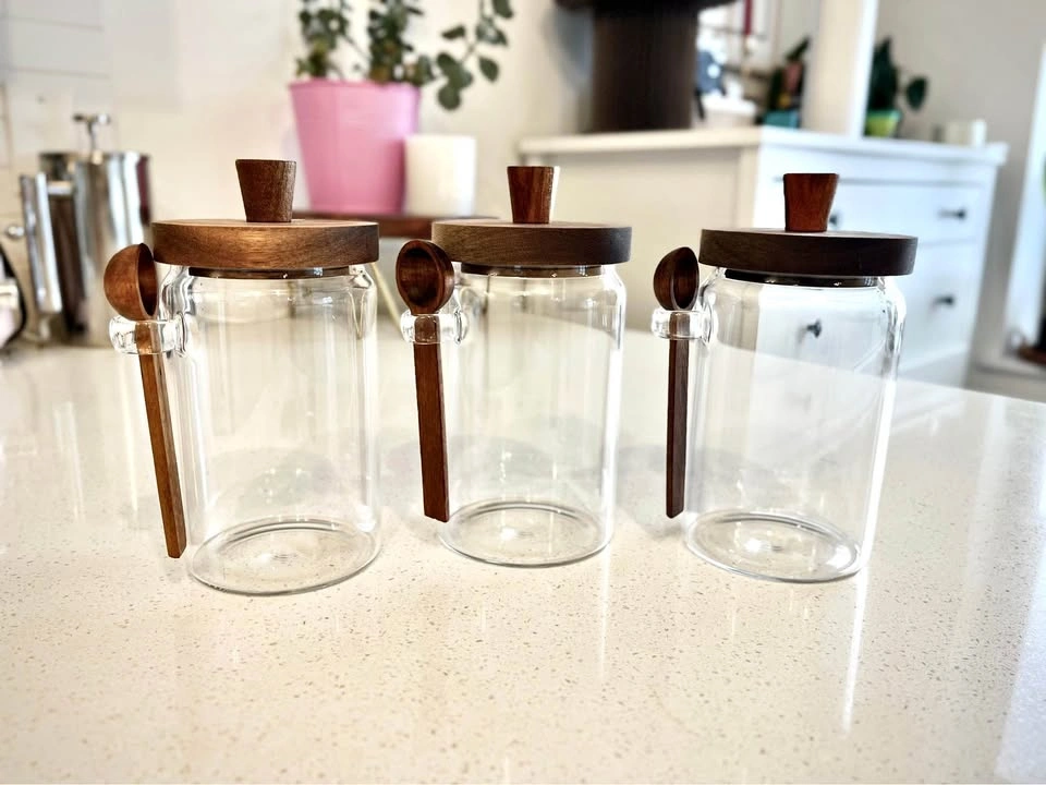 Glass Storage Jar Set with Wooden Lids & Spoons 900 mL (30.4 oz)