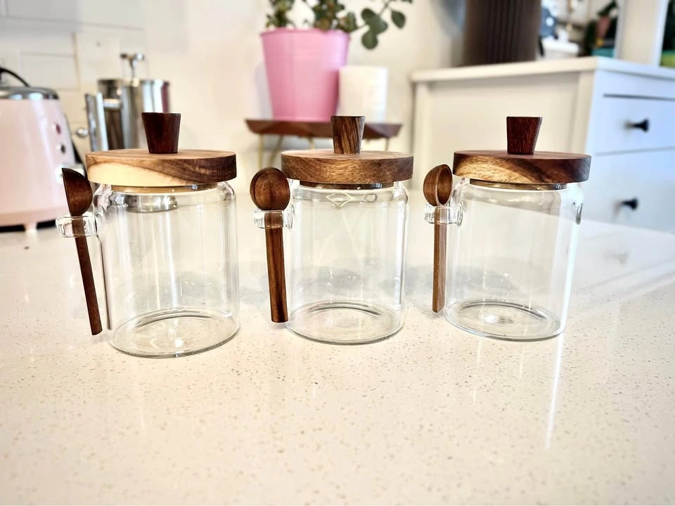 Glass Storage Jar Set with Wooden Lids & Spoons 600 mL (20.3 oz)