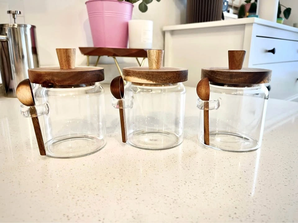 Glass Storage Jar Set with Wooden Lids & Spoons 400 mL (13.5 oz)
