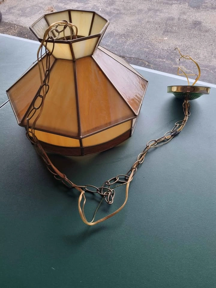 MINT Vintage MCM Amber Slag Glass Hanging Lamp - No Cracks - photo 5