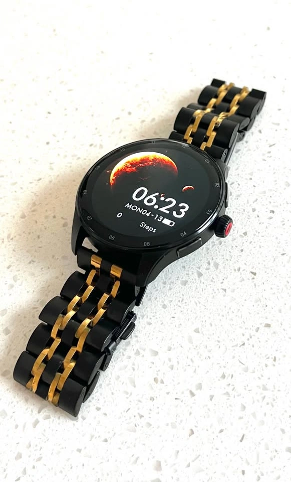 KUMI GW5 Pro Smartwatch, New, Black/Gold w/ Steel Band