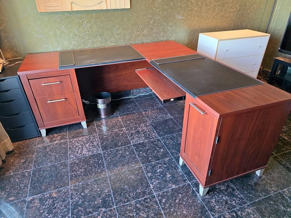 L-Shaped Executive Desk (Cherry Wood) + Storage