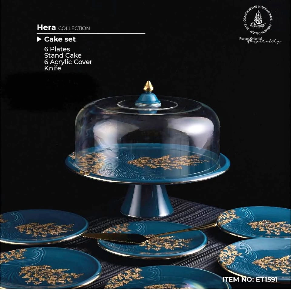Cake Set with 6 Plates, Stand, Cover & Knife