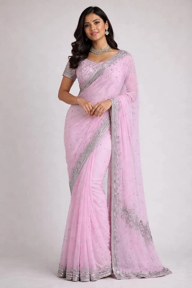 Ready-to-Wear Pink Sari with Embroidered Blouse – Party/Wedding