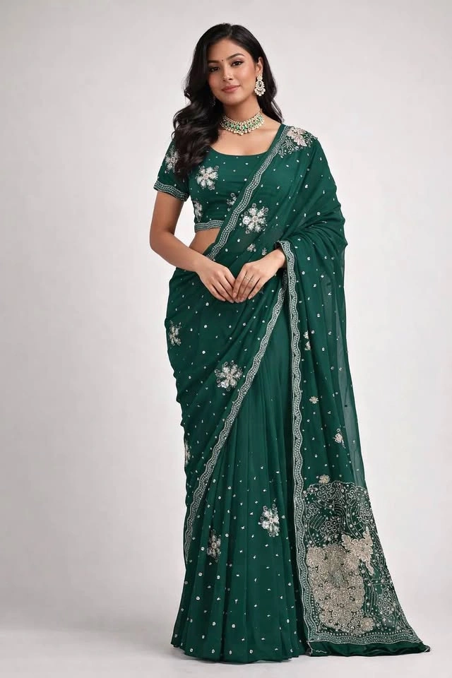 Ready-to-Wear Green Sari with Embroidered Blouse – Party/Wedding