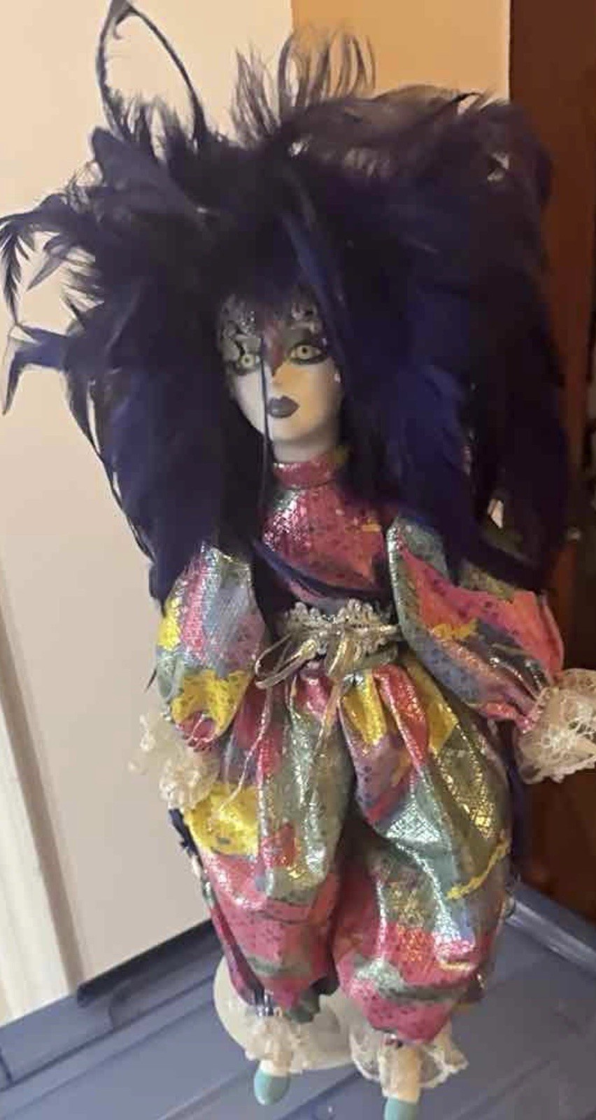 Vtg Porcelain Harlequin Doll w/ Purple Feather Head Dressing