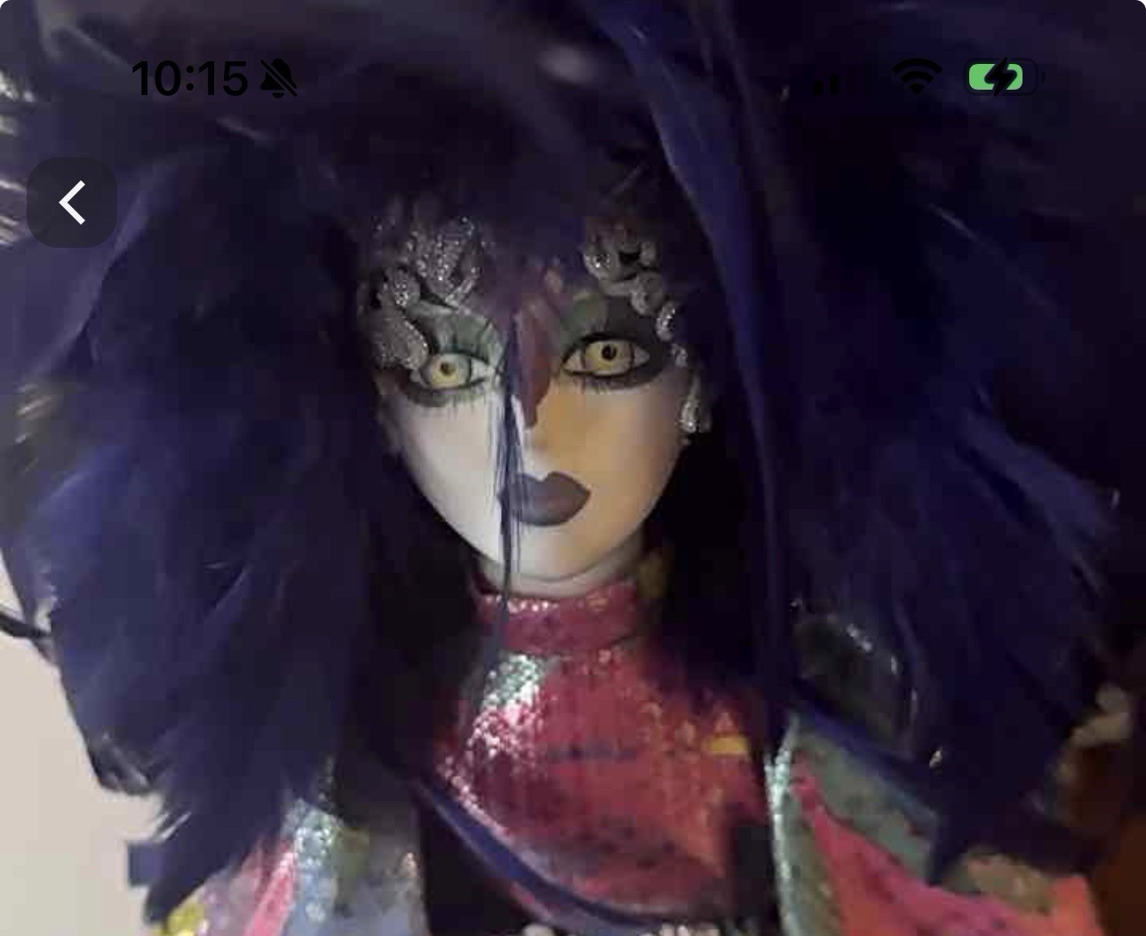 Vtg Porcelain Harlequin Doll w/ Purple Feather Head Dressing - photo 2