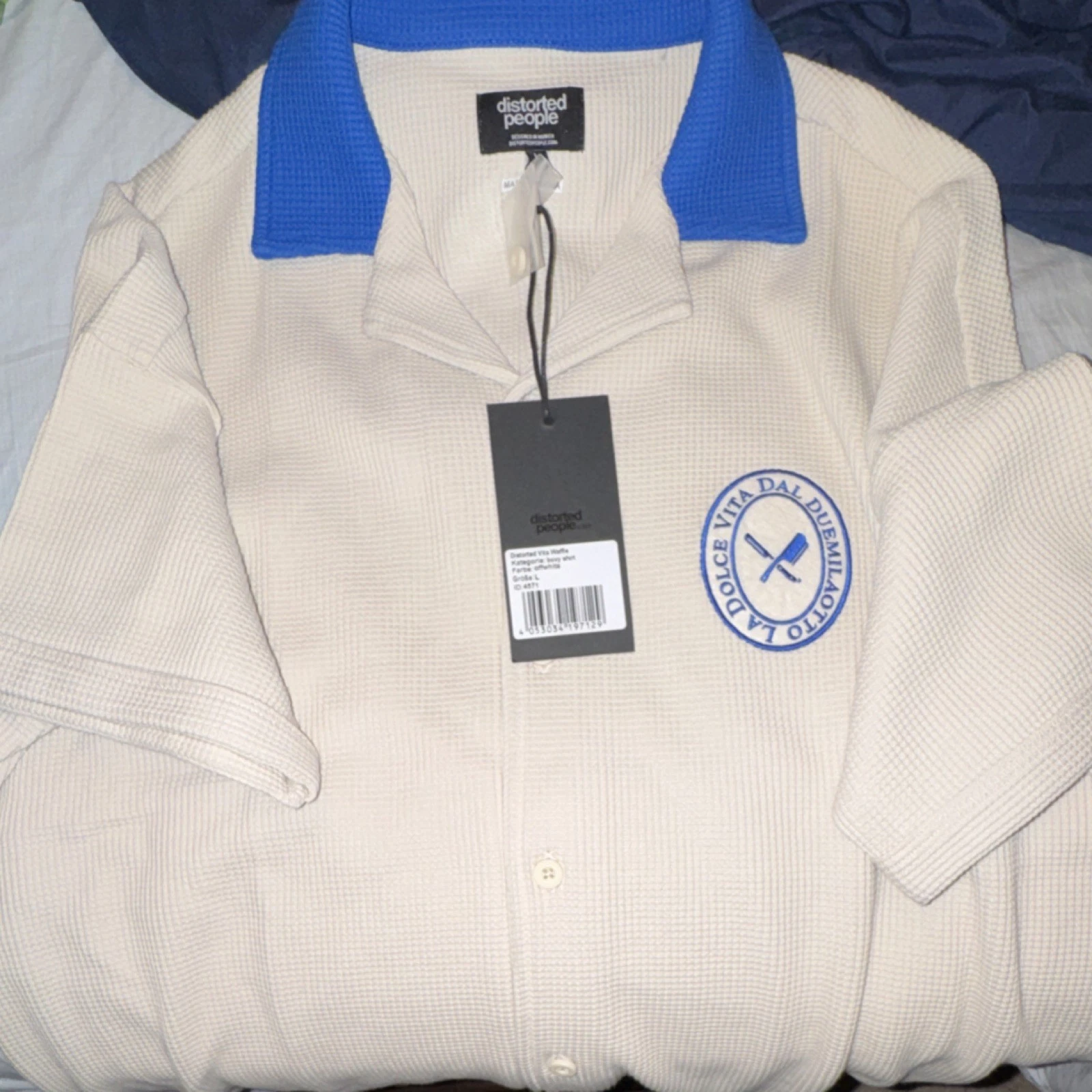 distorted people Dolce Vita Waffle Button-Up Shirt Beige Blue Em - photo 2