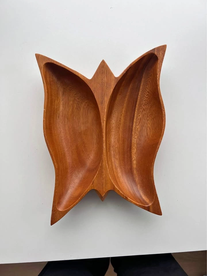 Vintage Butterfly Carved Teak Wood Serving Bowl MCM