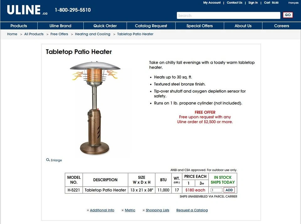 ULINE Tabletop Patio Heater H-5221 - Sealed Box - photo 5