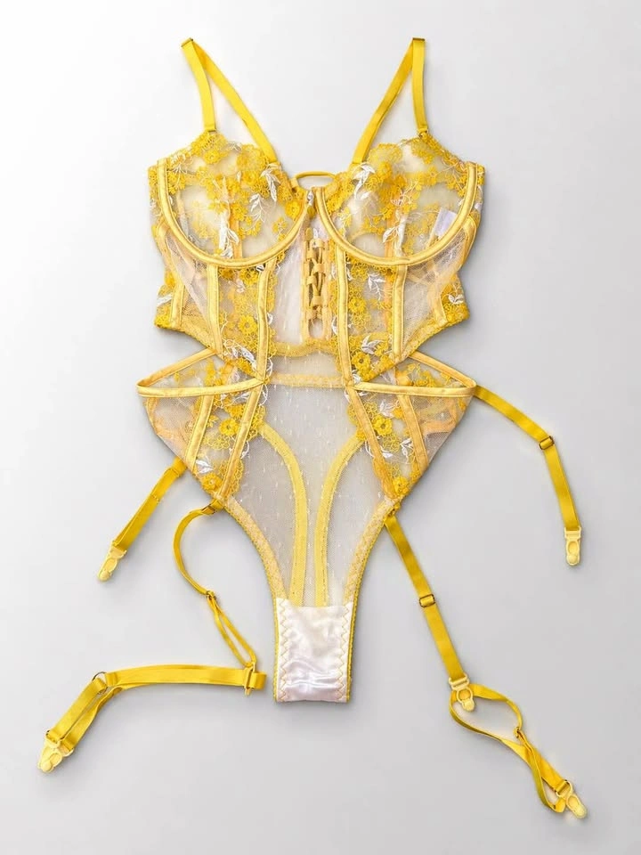 Yellow Lace Mesh Bodysuit with Garters