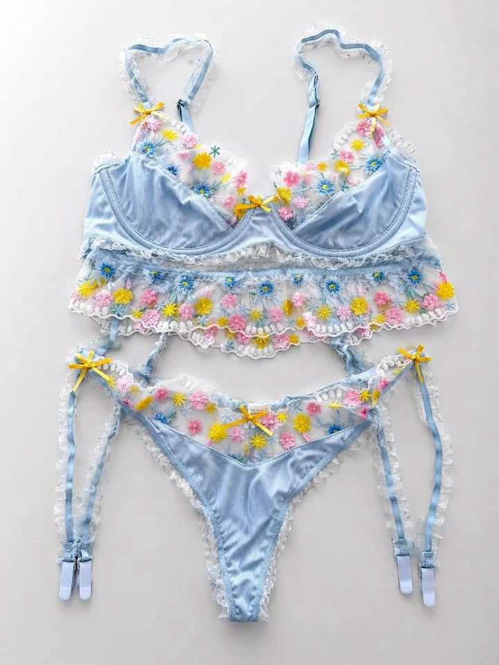 Light Blue Floral Lace Lingerie Set - New
