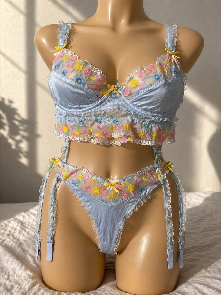 Light Blue Floral Lace Lingerie Set - New - photo 2