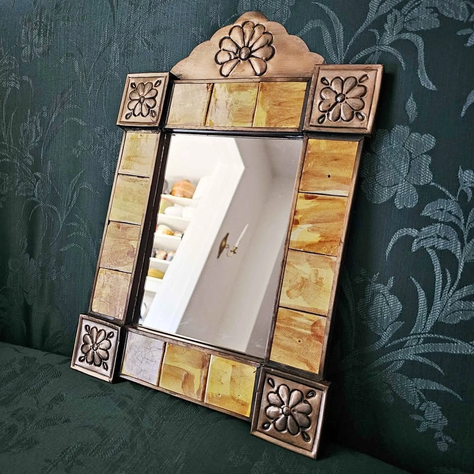 16" Mexican Hojalata Tin Mirror with Talavera Tiles